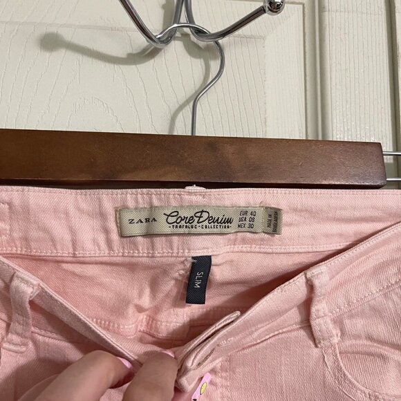 Zara Womens Pink Core Denim Trafaluc Collection Distressed Slim Jeans Size 8 - Picture 2 of 7